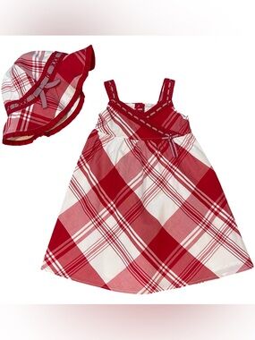Janie and Jack American Picnic Red and White Plaid Sundress with Matching Hat 2T